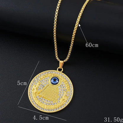 Gold tone geometric alloy necklace with a central square zircon stone pendant on a chain.