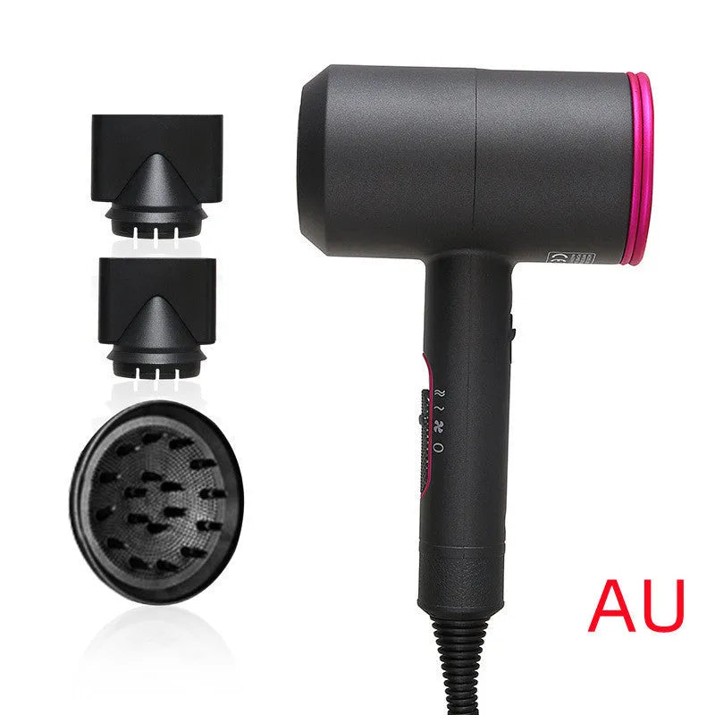 Black hotel hair dryer with 2.5m cable, concentrator nozzle, and multiple international plug adapters