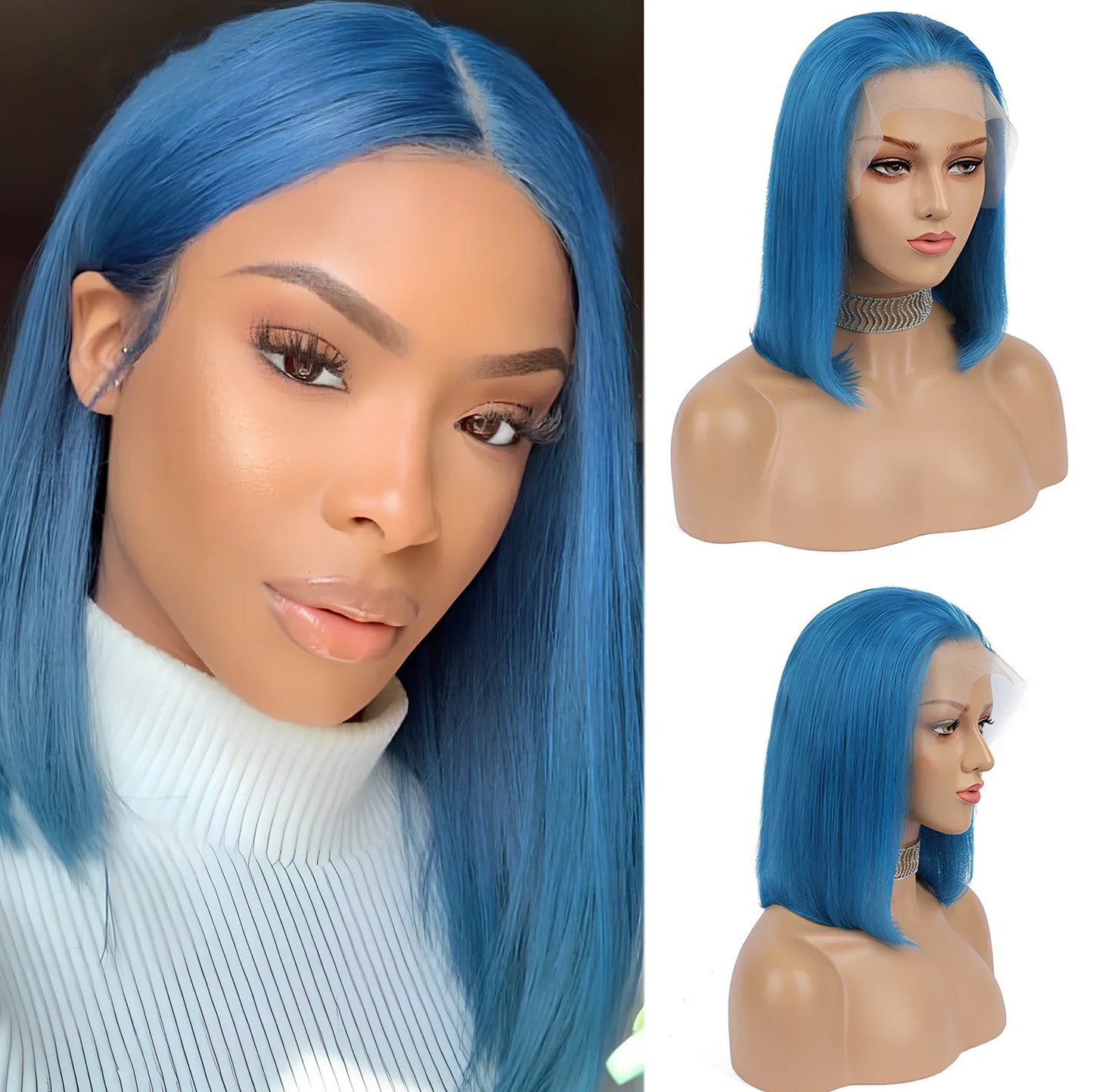 Human hair bob wig in green colour with straight bangs and 12-inch length
