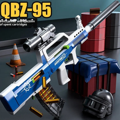 Blue assault rifle simulation toy gun with shell ejection mechanism and pull-action operation