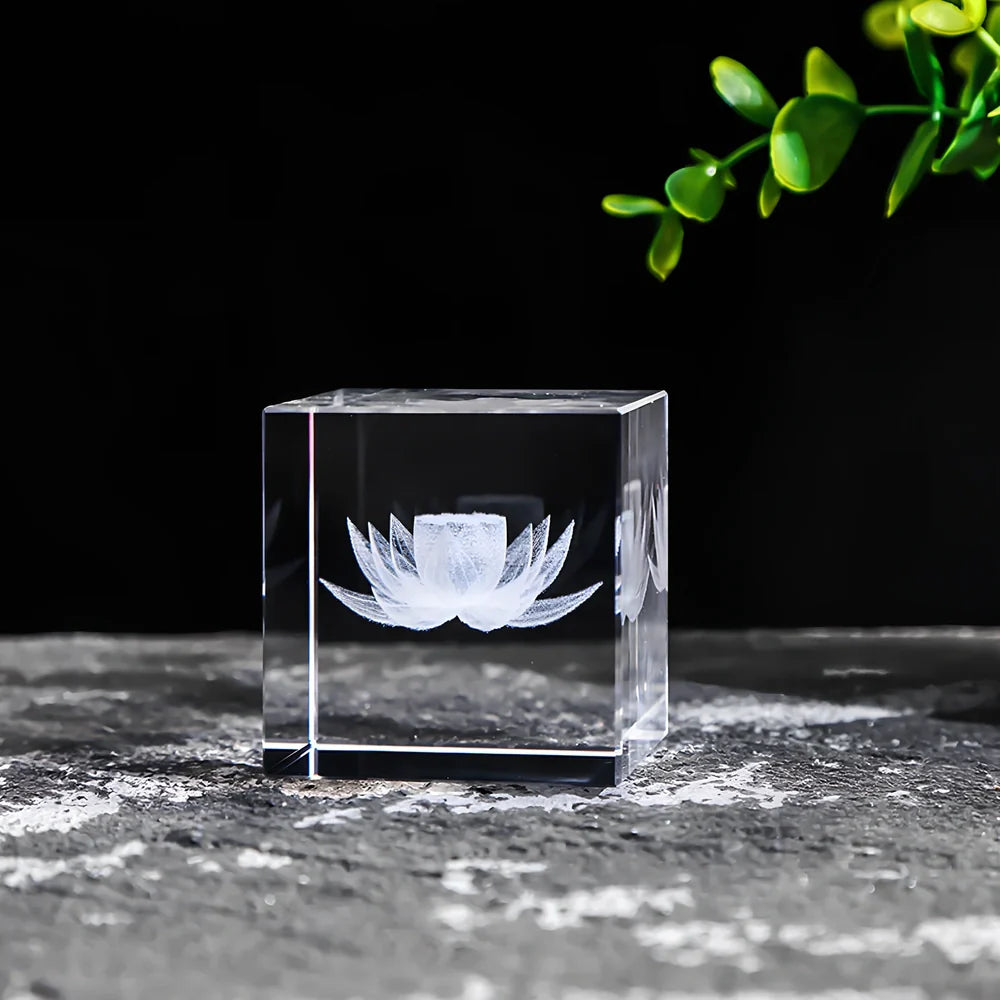 White crystal lotus cube desktop ornament showing geometric pattern and precise square dimensions