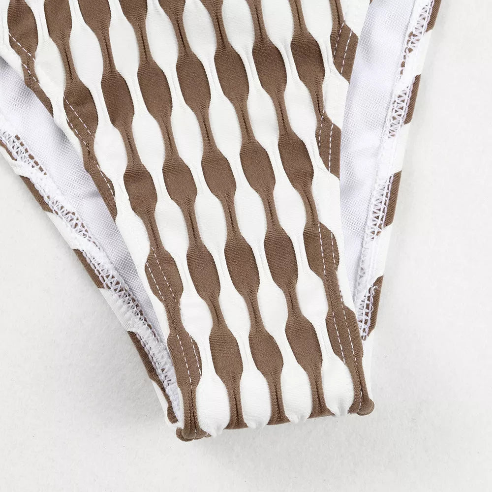 Women's striped three-piece swimsuit set with tube top and waist skirt