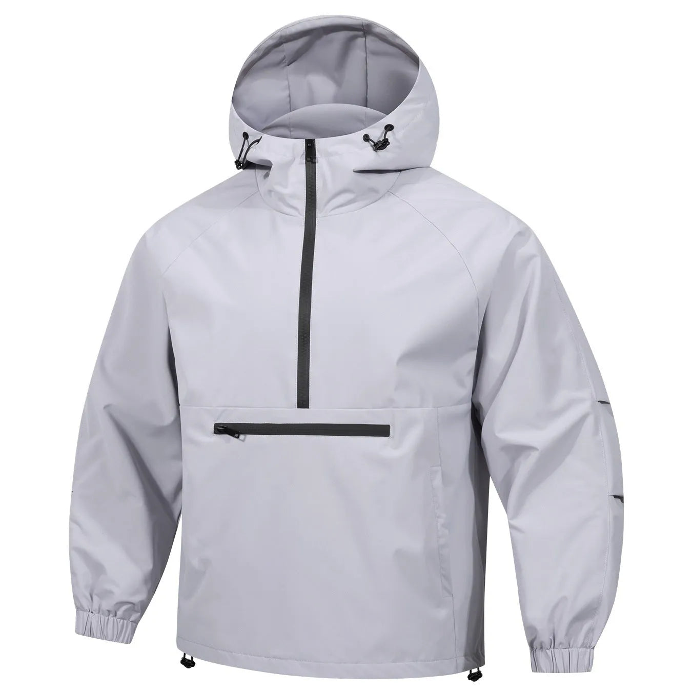 Man wearing a light grey loose-fit half-zip hooded corduroy jacket with rabbit fur.
