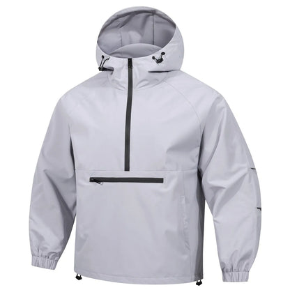 Man wearing a light grey loose-fit half-zip hooded corduroy jacket with rabbit fur.