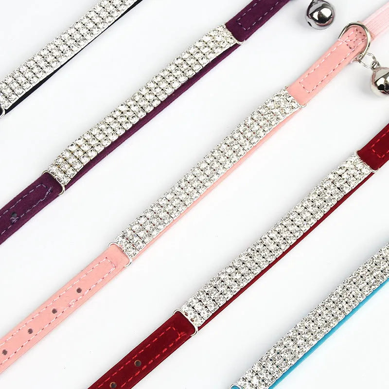Rhinestone suede cat collar with adjustable 20-30 cm length and 1 cm width in red, blue, purple, black, or pink