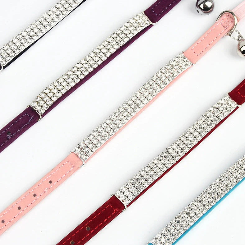 Adjustable velvet cat collar with rhinestones in five colour options showing 20-30cm length