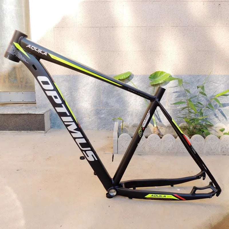 Black green 29-inch aluminium mountain bike frame with disc brake mounts and innerline cable routing