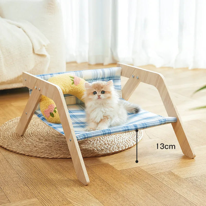 Wooden elevated cat hammock bed with soft fabric insert in blue or green colour options