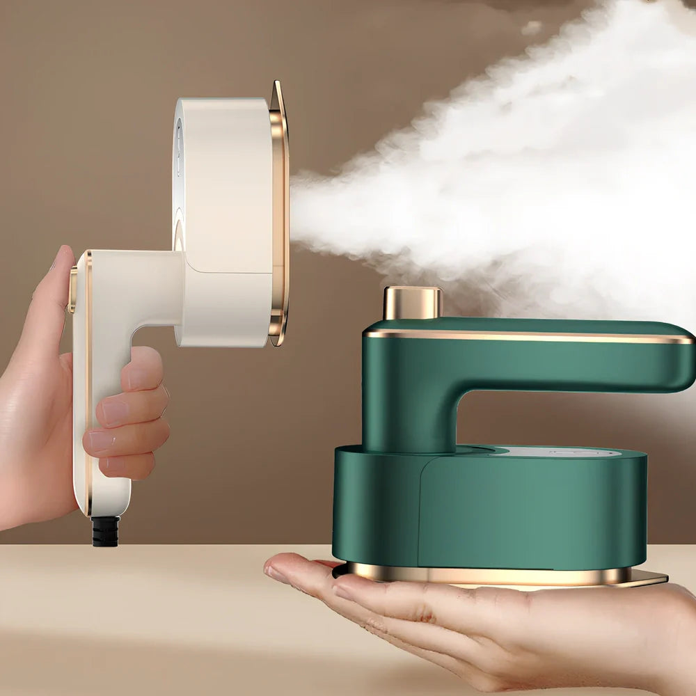 Green folding handheld garment steamer showing extended and collapsed positions with water tank visible