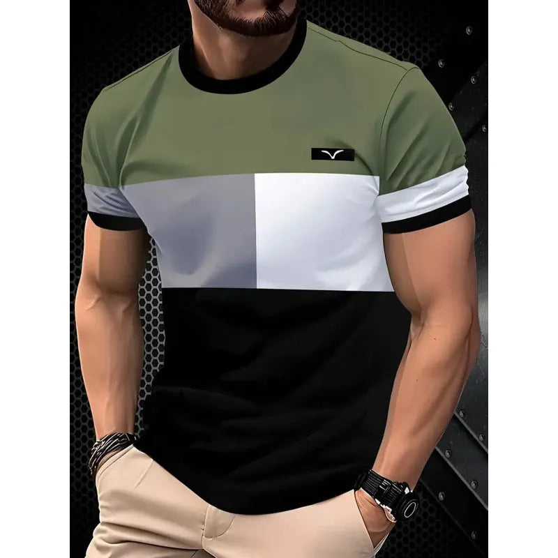 Men's striped casual T-shirt with digital 3D printing in loose fit short sleeve design