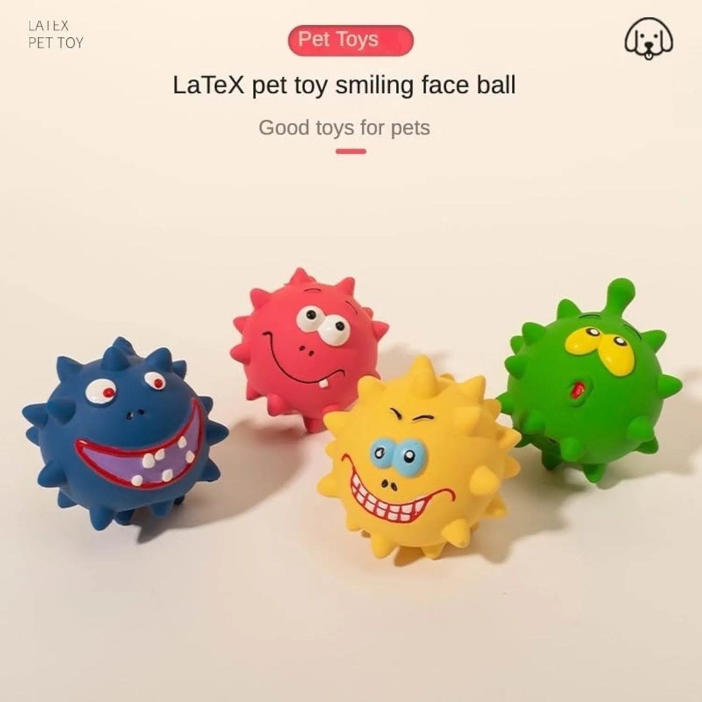 Four coloured natural latex dog balls with textured surfaces and cute faces, each measuring 7.5cm in diameter