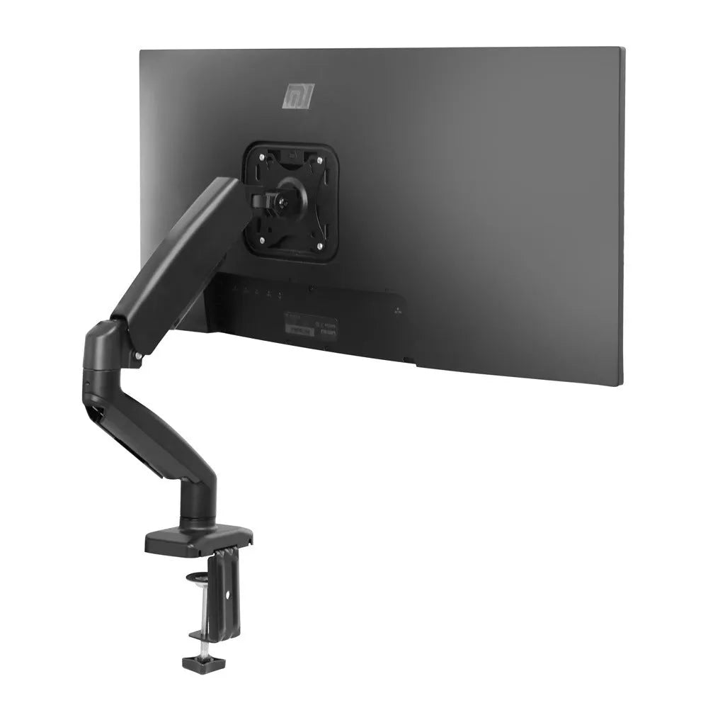 Black rotating telescopic LCD screen bracket elevated on a table.