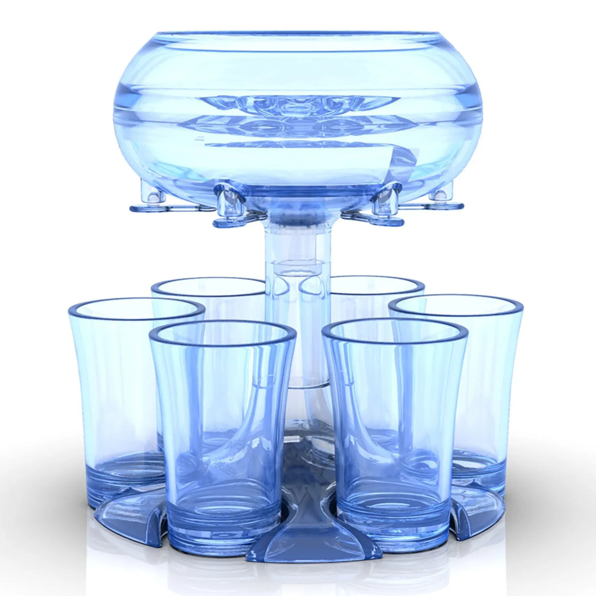 Transparent PMMA 6-shot glass dispenser stand with six shot glasses on a bar
