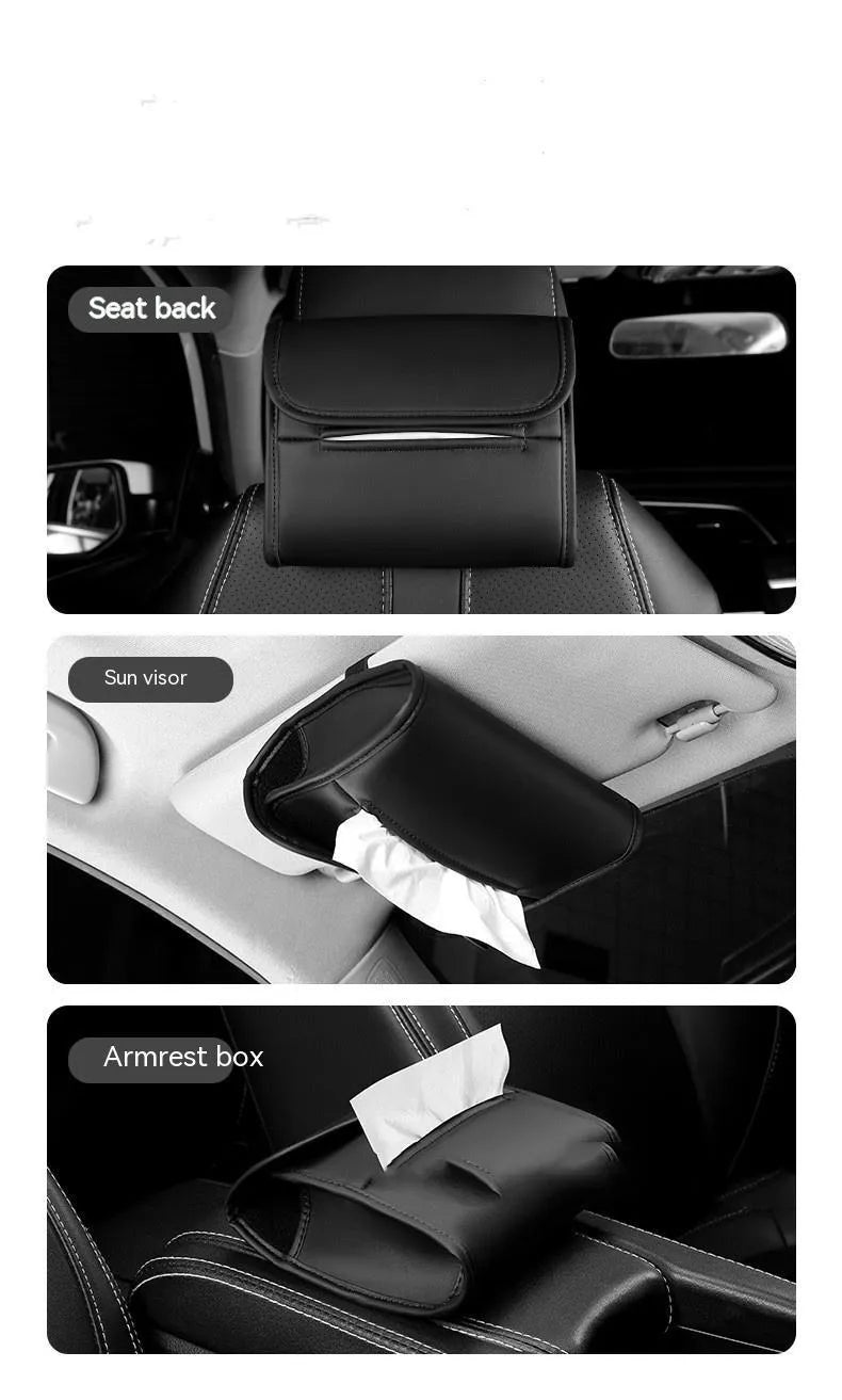 Leather car tissue box holder mounted on vehicle sun visor with elastic band installation