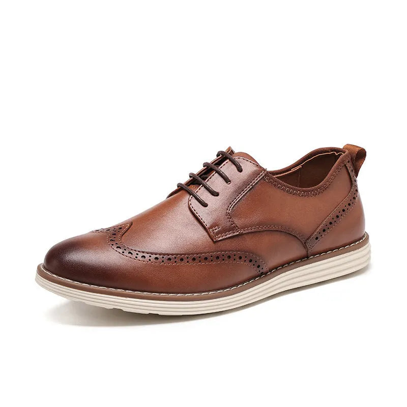 Men's black and brown slip-on business casual shoes with round toe and carved PU upper.