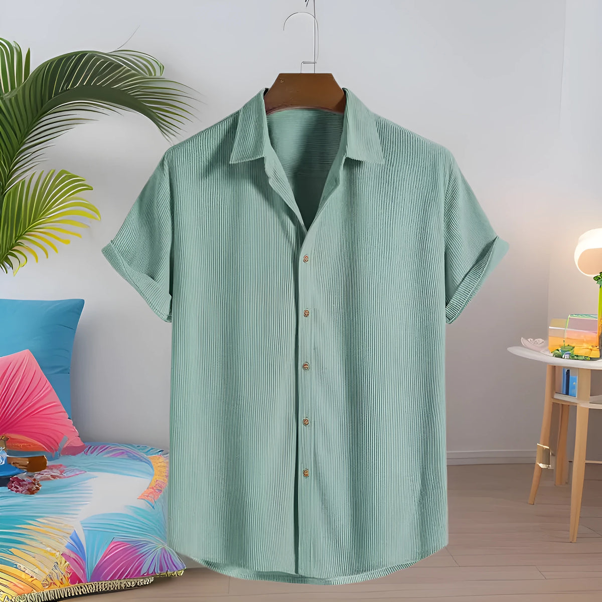 Men's casual short-sleeved cardigan shirt in polyester, shown in available colours.