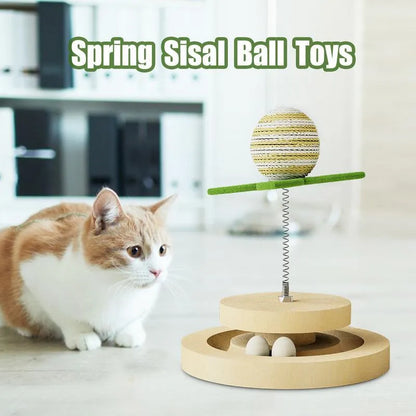 Green sisal scratching pad cat toy with rotating ball track and spring elements for indoor feline play