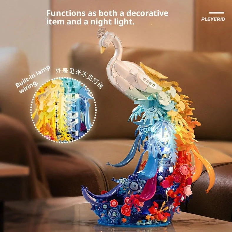 Colourful plastic building blocks assembled as peacock and swan designs with flower-like brocade patterns