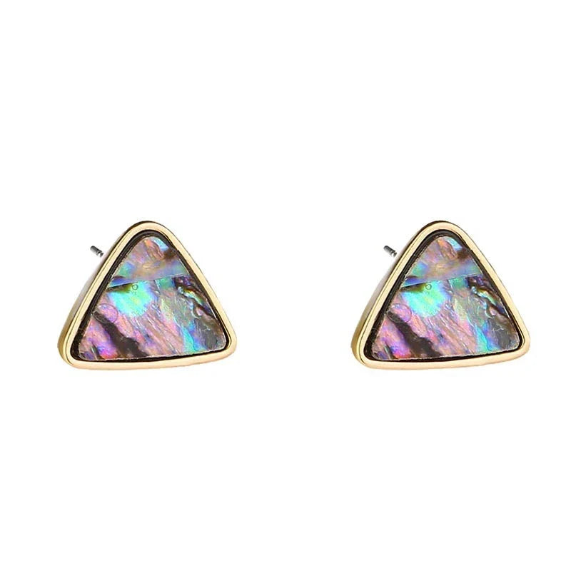 Elegant triangular earrings featuring a striking natural abalone shell inlay that shimmers with a captivating array of colors