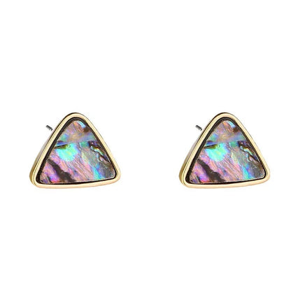 Elegant triangular earrings featuring a striking natural abalone shell inlay that shimmers with a captivating array of colors