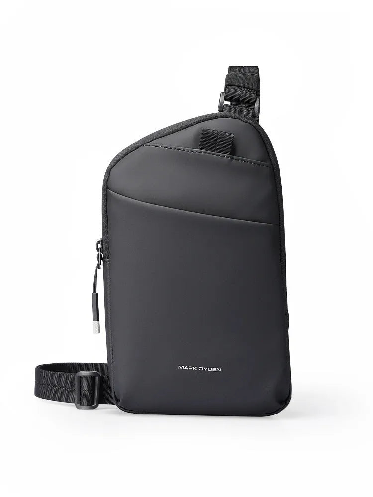 Men's lightweight crossbody bag made from hard-wearing Oxford cloth with sewing thread detailing, a simple single-strap design for hands-free carry, available in an elegant black colour option for everyday practical use