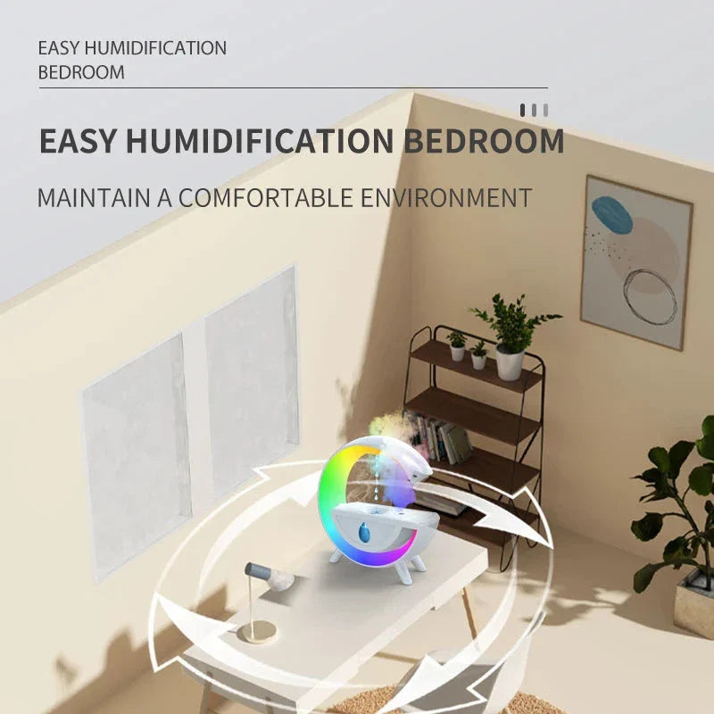 Anti-gravity air humidifier with LED lighting in white color, featuring water droplet animation and multi-color illumination