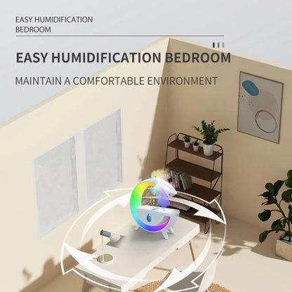 Anti-gravity air humidifier with LED lighting in white color, featuring water droplet animation and multi-color illumination