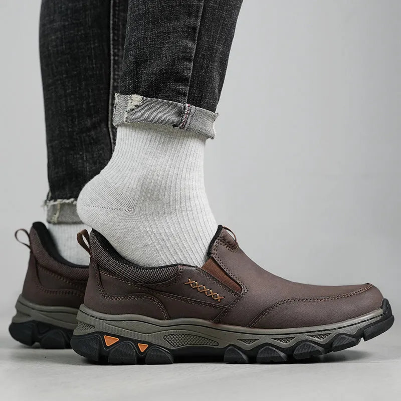 Men's casual leather-style shoes with rubber soles in dark brown, black, or grey colours