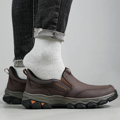 Men's casual leather-style shoes with rubber soles in dark brown, black, or grey colours