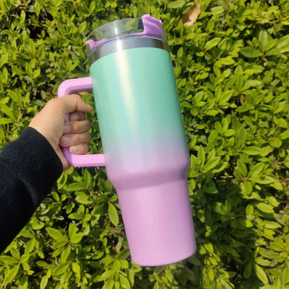Stainless steel vacuum insulation cup with gradient colour, 27.5cm tall with 10cm wide mouth opening