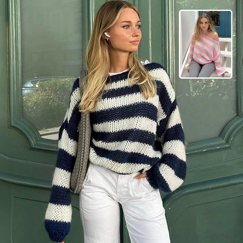 Cozy striped pullover sweater in various colors, featuring a relaxed, comfortable fit and distinctive striped pattern