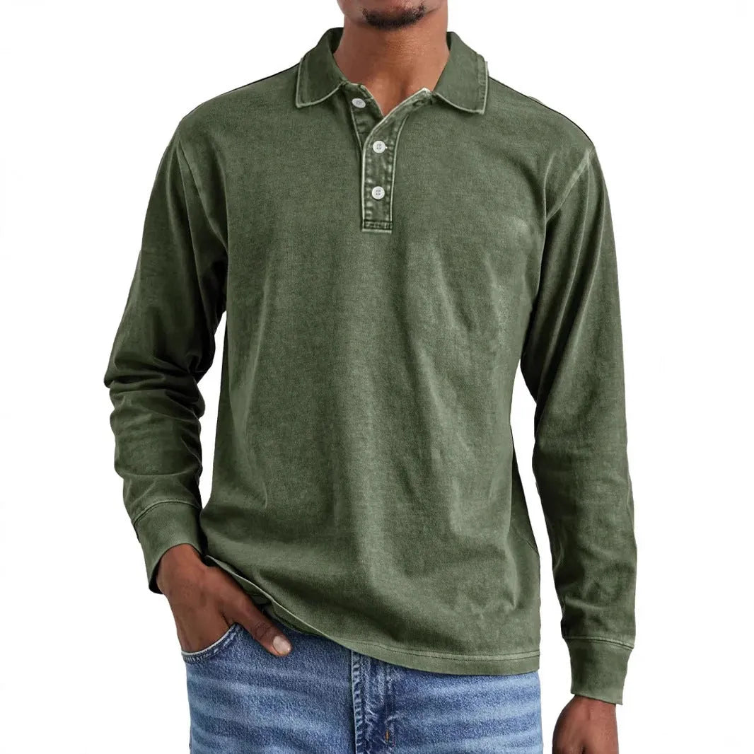 Retro washed distressed cotton lapel long sleeve polo shirt in various colours and sizes