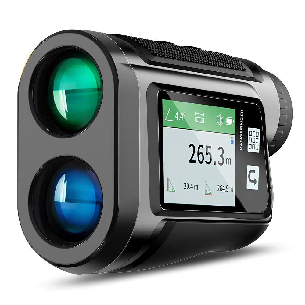 Black golf laser rangefinder with touch screen display showing distance measurement