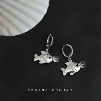 Bubble fish design copper earrings with electroplated finish showing goldfish modelling