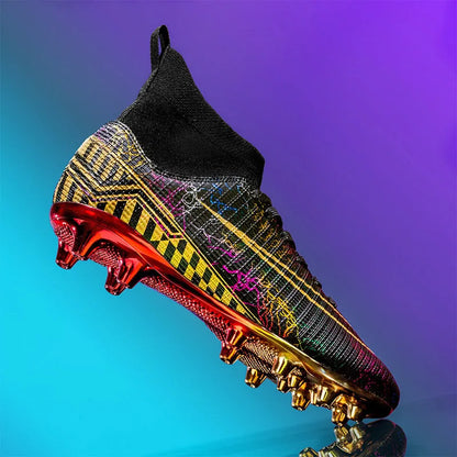 High-top soccer training shoes with gold-plated PVC soles in white, black, and mandarin duck colour options