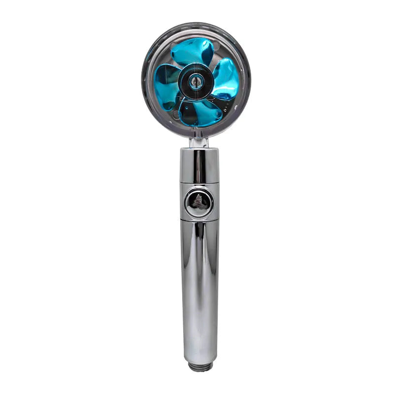 Chrome-finished ABS plastic water-saving shower head with a round, rotating spray head.