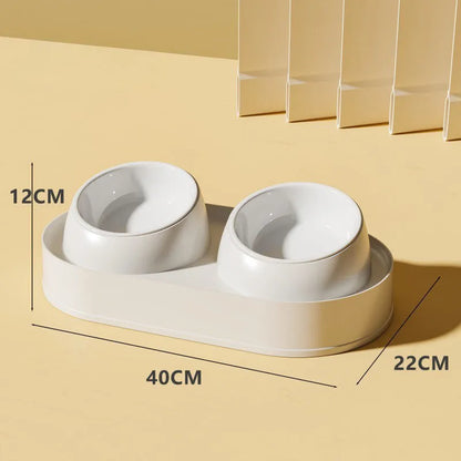 White elevated pet double bowl feeder with tilted food and water bowls on a non-slip stand.