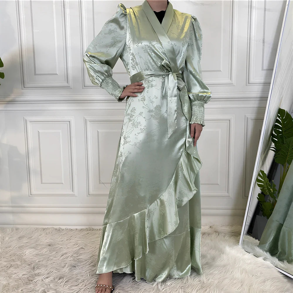 Women's patchwork Muslim dress with satin printing in green, black, pink, gold, or apricot colours