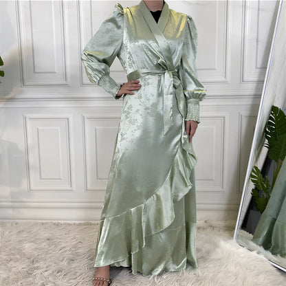 Women's patchwork Muslim dress with satin printing in green, black, pink, gold, or apricot colours