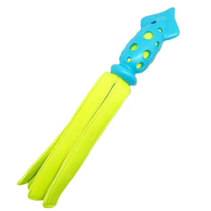 Blue cuttlefish-shaped dog chew toy with squeaker measuring approximately 39 cm