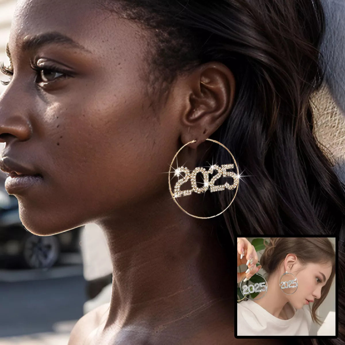 2025 Rhinestone Ring Earrings in silver and gold, perfect for New Year celebrations