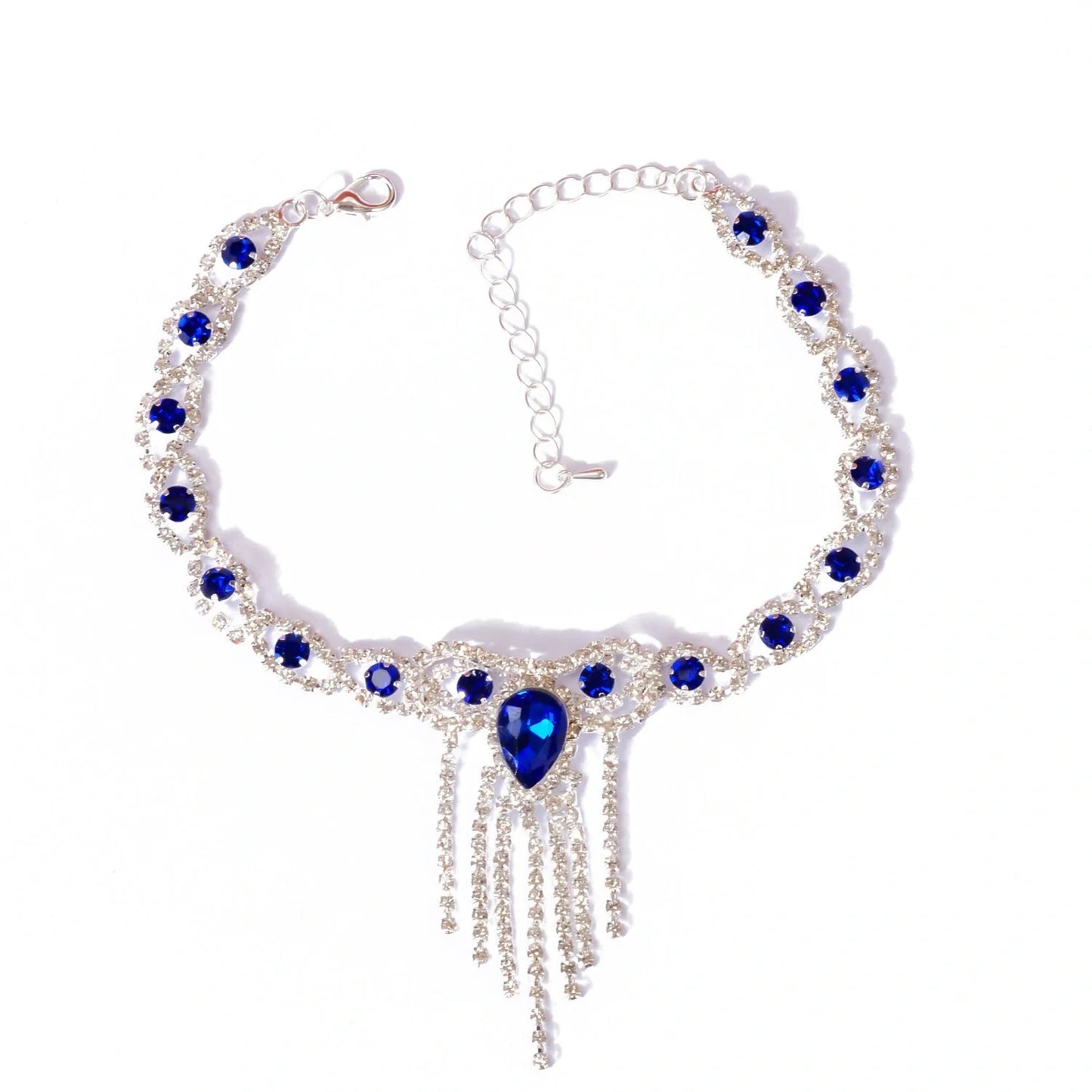 Blue rhinestone tassel anklet with gold-plated accents, perfect for women's fashion accessories.