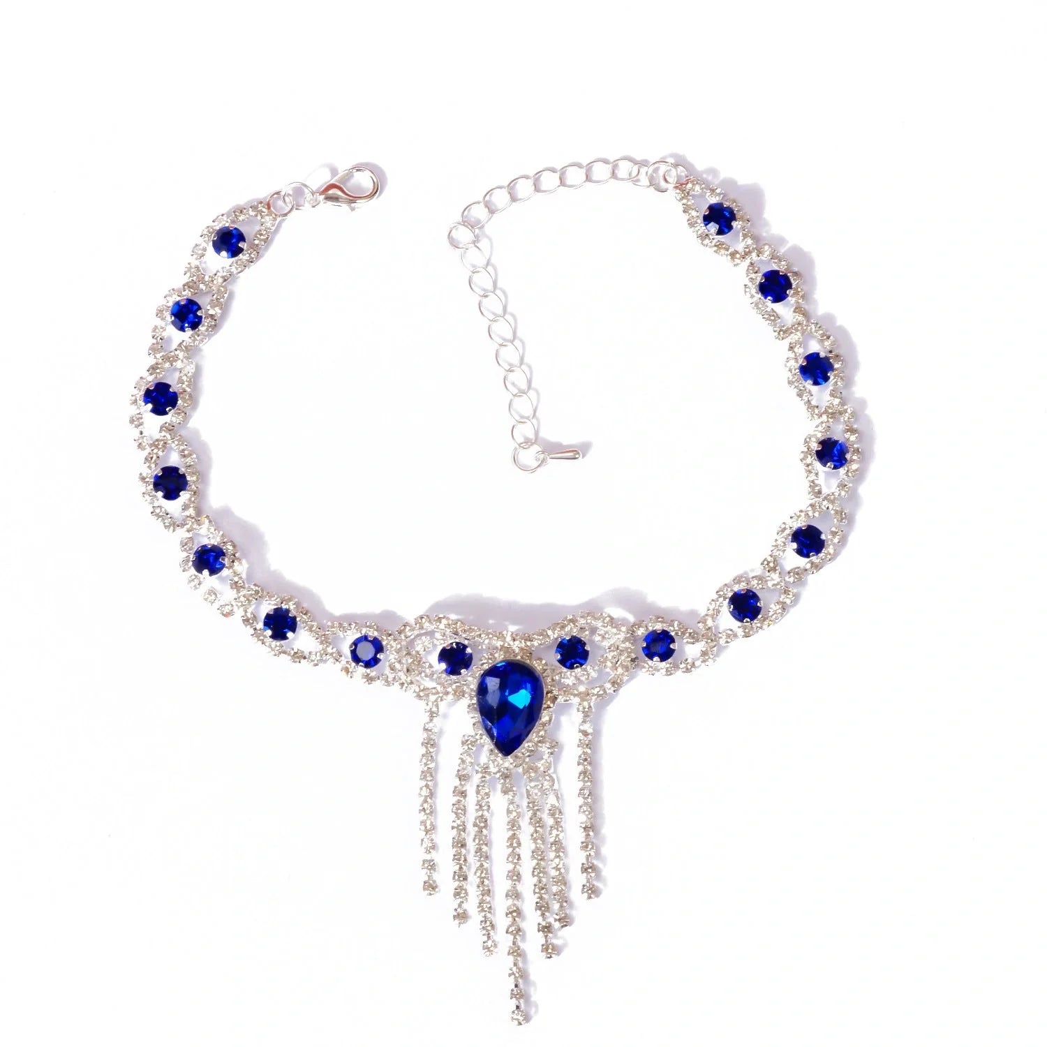 Blue rhinestone tassel anklet with gold-plated accents, perfect for women's fashion accessories.