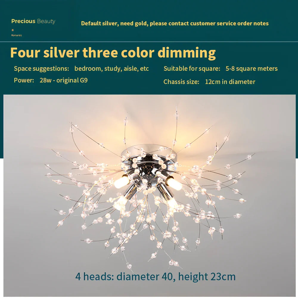 40cm dandelion crystal ceiling lamp with four adjustable heads in chrome finish