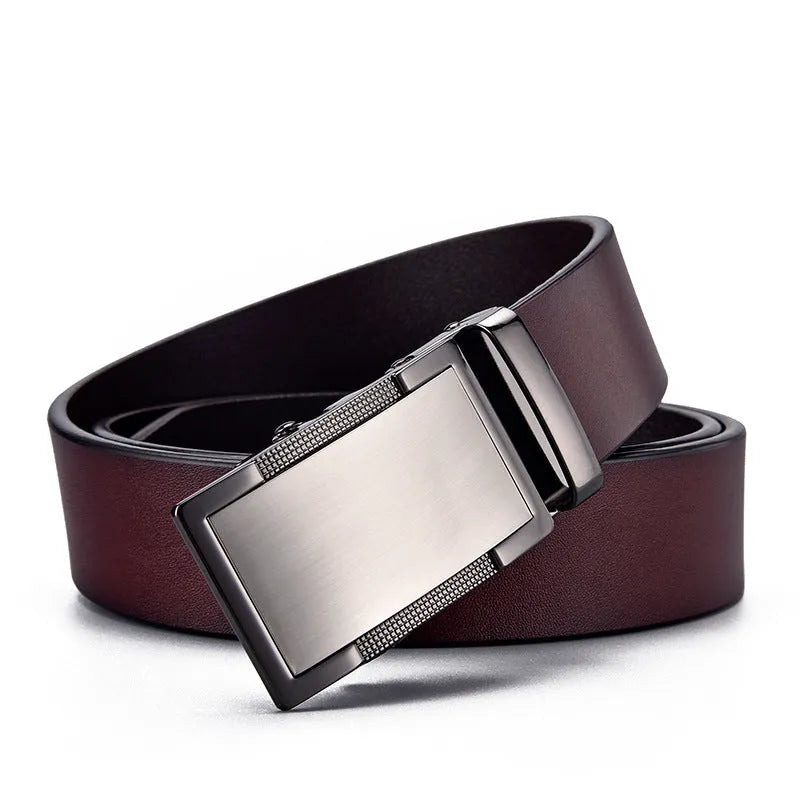 Men's two-layer cowhide leather belt with alloy automatic buckle, black or brown, 110cm to 130cm, 2-4cm width