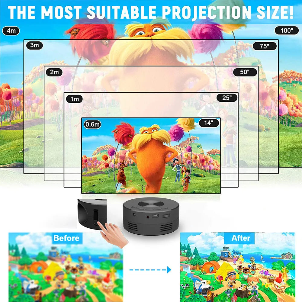 Black children's portable projector for mobile phones measuring 110x110x47mm with plug-in power cable