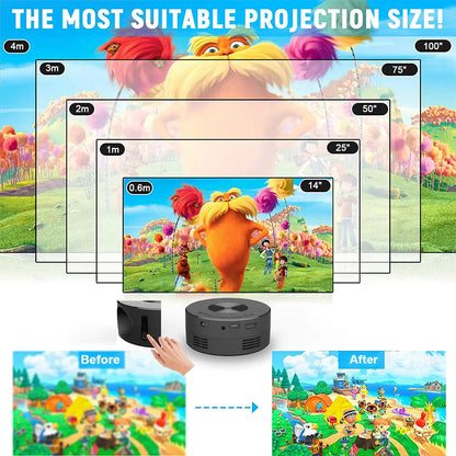 Black children's portable projector for mobile phones measuring 110x110x47mm with plug-in power cable