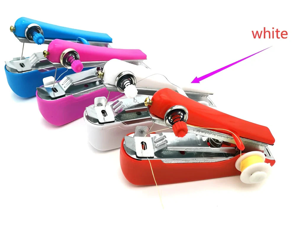 Small blue hand-held manual sewing machine showing stainless steel components and compact 11cm design