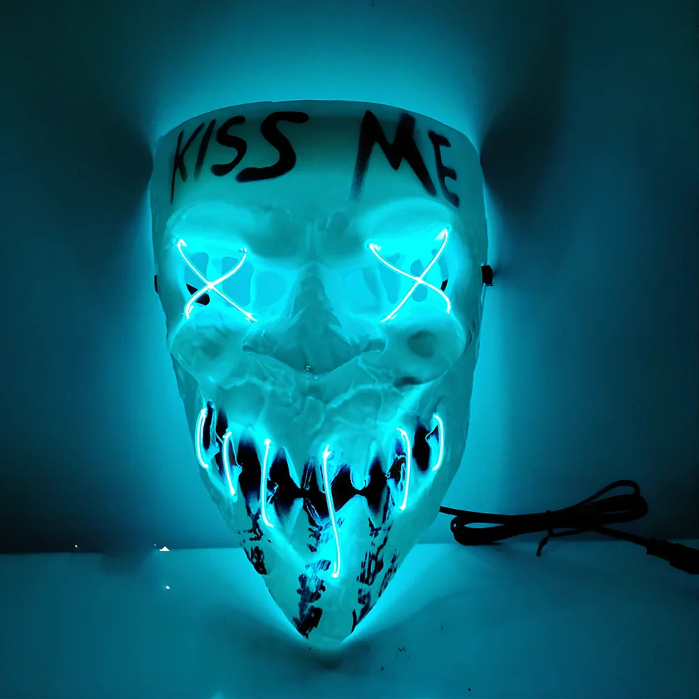 Multicolor luminous Halloween mask with adjustable glow, plastic construction in blue, green, and red options for festivals