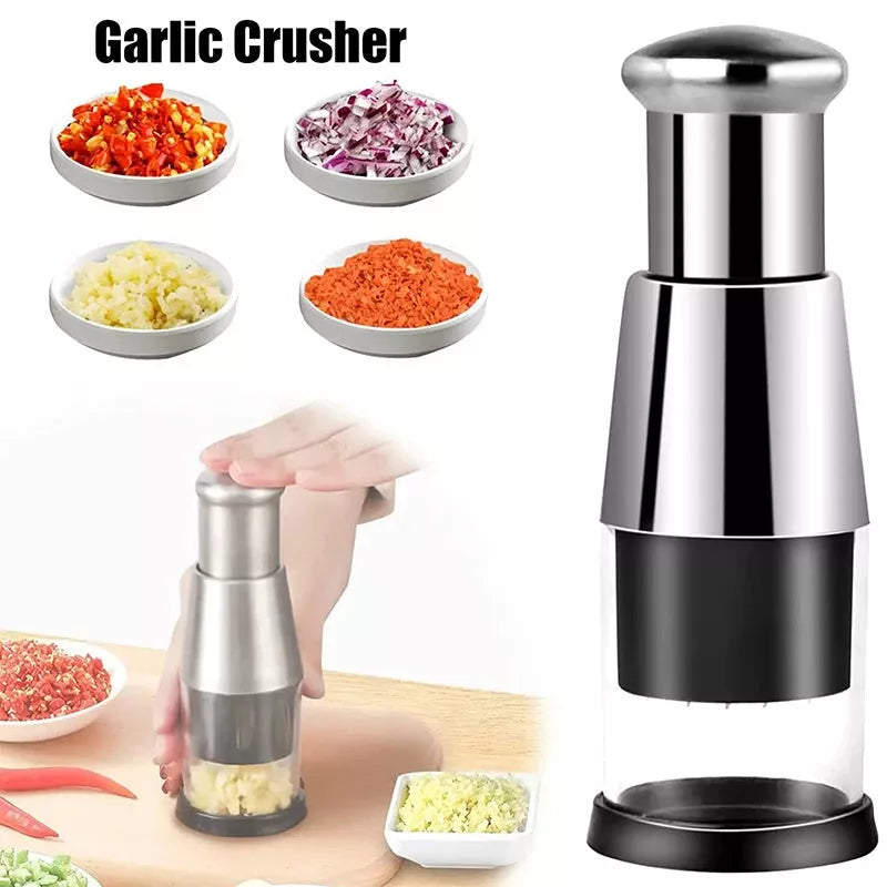 Stainless steel garlic crusher and onion chopper with food-grade plastic body